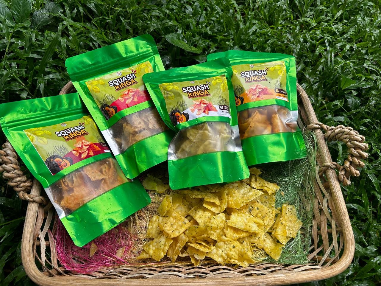 Four Squashringa Chips flavors displayed together in a basket